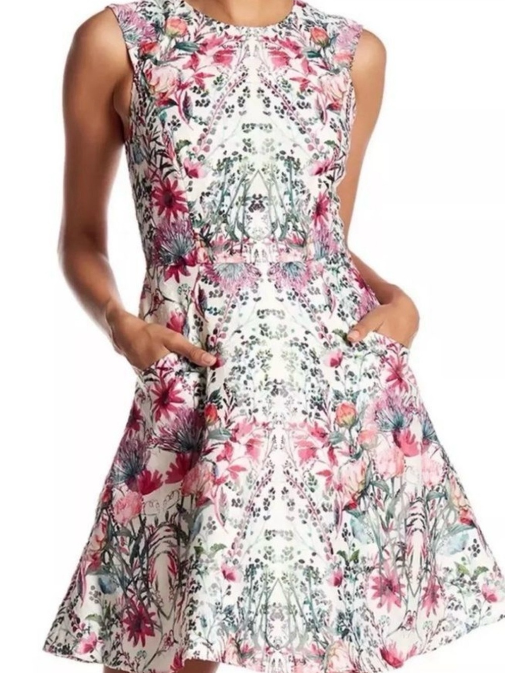 Ted Baker White Floral Midi Dress with Pink & Green Print - Picture 2 of 2